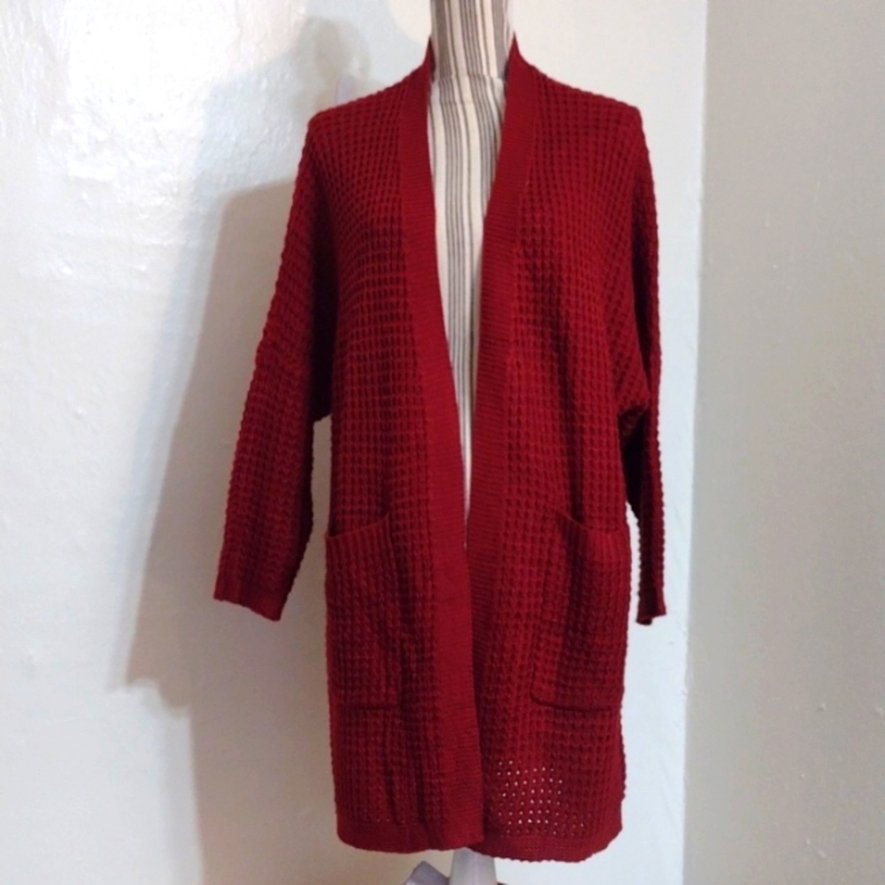 Zesica Burgundy Waffle Knit Long Open Cardigan Sweater Size S